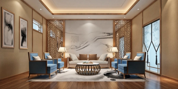 Living room with wood flooring, large wall painting, and a contemporary sofa enhancing the design.