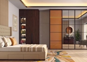 A bedroom featuring a large bed and a stylish mirror, creating an inviting and comfortable atmosphere.