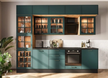 A modern kitchen with teal cabinetry, built-in appliances, and beautiful glass-front upper cabinets.
