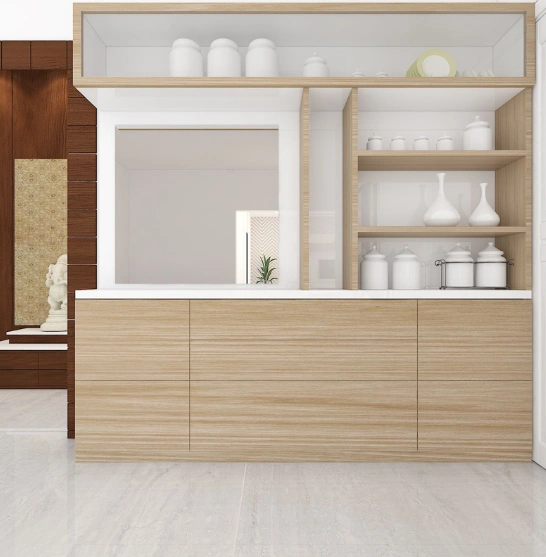 modern wooden crockery unit with a glass-fronted top cabinet, open shelves & a closed bottom cabinet.