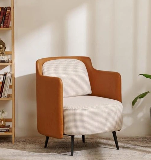 A modern accent chair with a brown and white upholstered seat, providing comfort in any room.