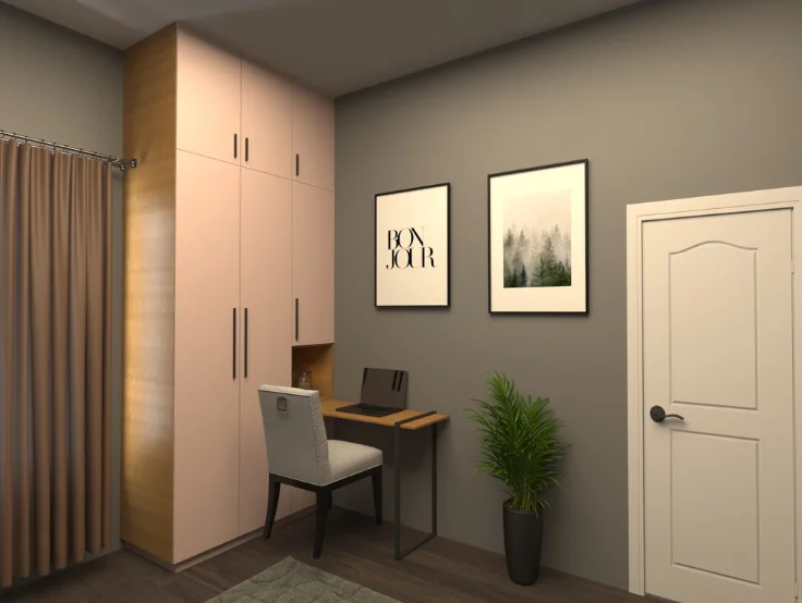 A home office featuring a desk, ergonomic chair, eye-catching wall art, and a wardrobe for storage.
