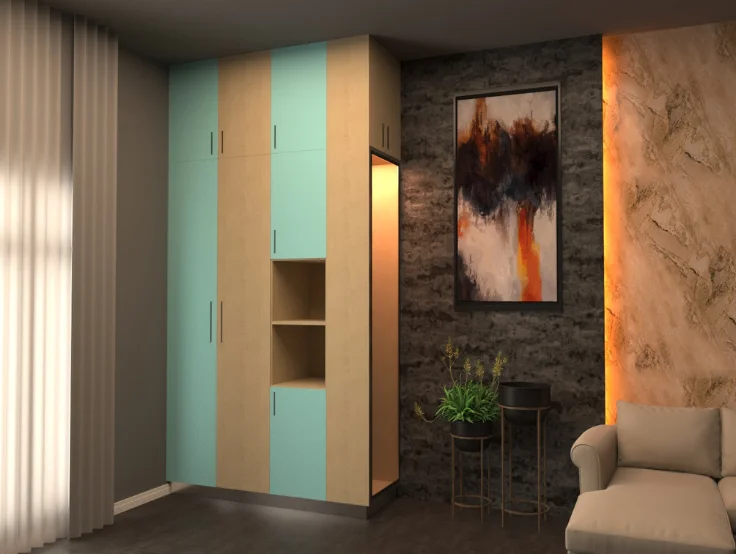 Modern room with beige and turquoise wardrobe, gray sofa, abstract painting, and soft lighting.