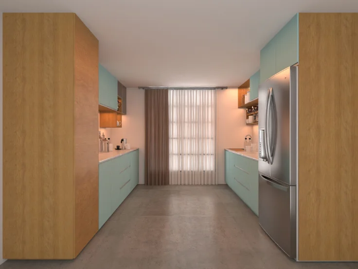 Modern kitchen interior with light blue cabinets, wooden accents, and a stainless steel refrigerator.