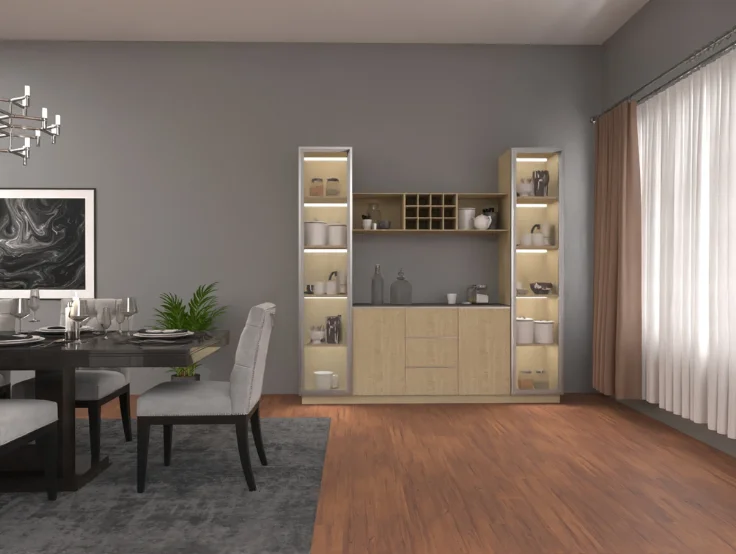 A modern dining room featuring wooden floors, gray walls, and custom built-in shelving for a chic look