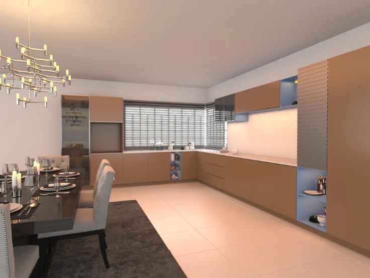 A stylish modern kitchen featuring sleek beige cabinets, a cozy dining area, and a stunning chandelier.