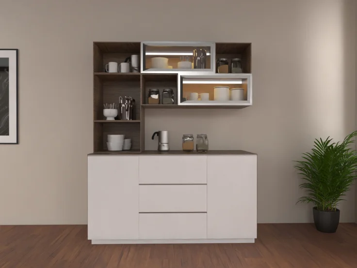 A minimalist kitchen featuring crisp cabinetry, floating shelves, and a fresh potted plant for a clean.