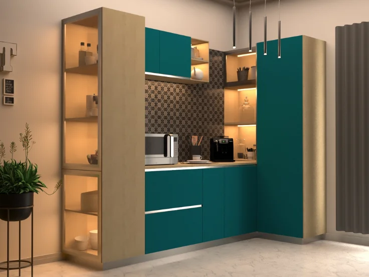 A modern kitchen interior with teal cabinets, patterned backsplash, and built-in appliances.