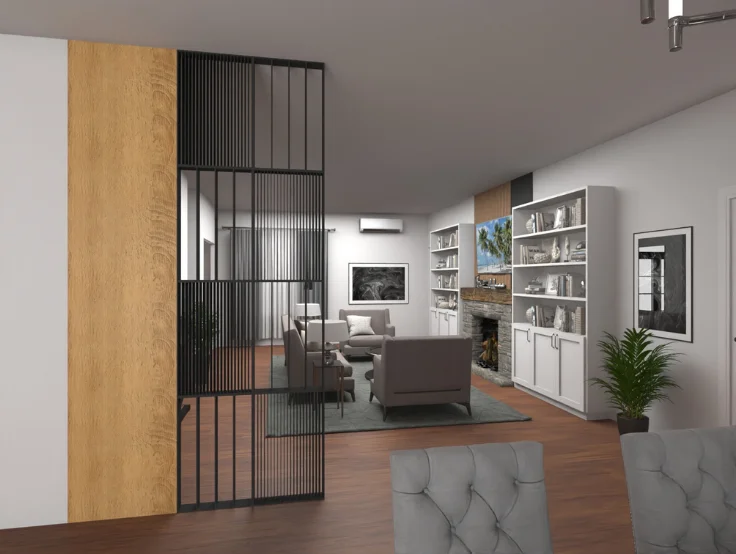 modern living room, rustic furniture integrated seamlessly with a cozy dining area for gatherings
