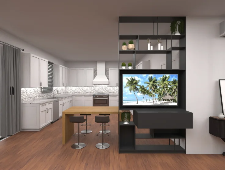 In a modern kitchen and living room, designs and a home office area that blends and looks stylish.