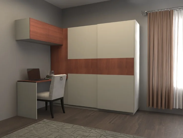 In an urban apartment, a stylish bedroom with a desk and a wardrobe showcases modern decor.
