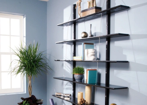 A tall black modular wall shelf holds books and decor items, with a nearby potted plant a stylish touch.