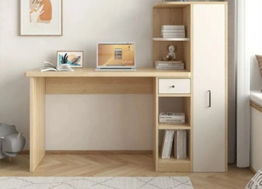 A wooden desk with shelves and a cabinet in a bright room with decorative items and a laptop on top.