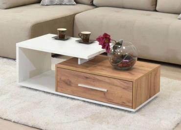 A coffee table featuring a wooden shelf on top, elegantly combining modern & natural design elements.
