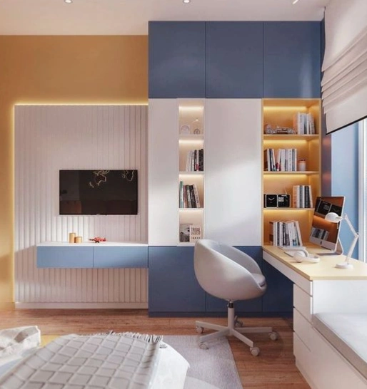 A Modern bedroom with blue bookshelf wall unit, built-in desk, and ambient lighting Decoration.