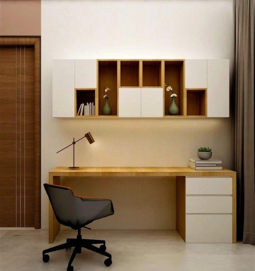 Modern minimalist study area with wooden desk, chair, and wall-mounted shelves with decorative items.