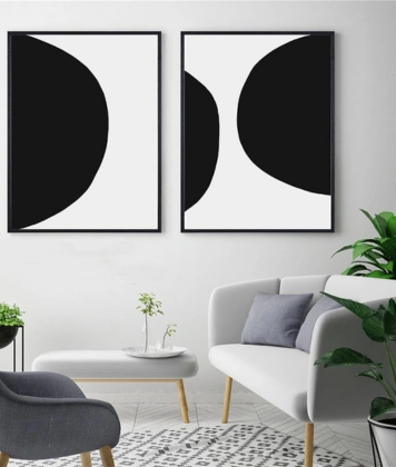 Two striking black-and-white abstract artworks framed on a wall, showcase modern design aesthetics.