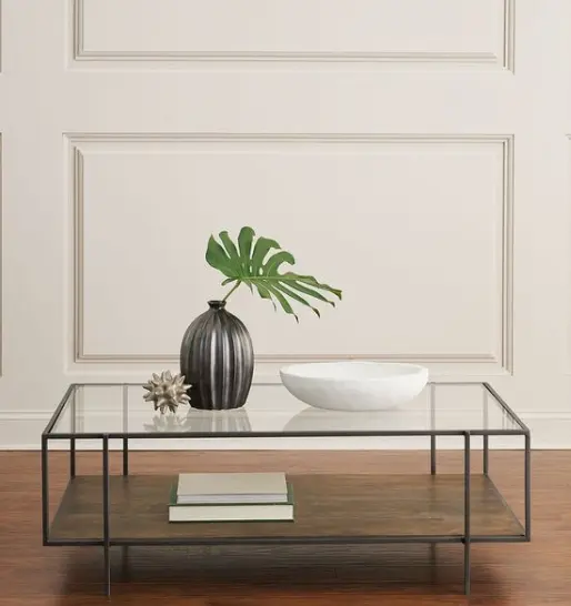 A Modern glass coffee table with decorative vase, plant, bowl, and books in an elegant room.