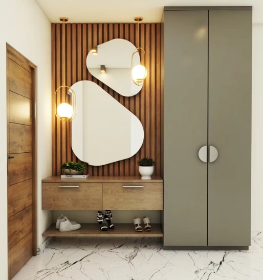 A modern room has a mirror and a wooden wall, as well as custom wooden foyer units for added beauty.