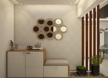 A modern living room featuring wooden accents and a stylish foyer unit for an elegant entryway.