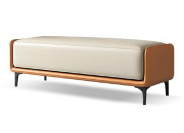 A bench featuring a sleek leather seat supported by elegant wooden legs, showcasing design aesthetics.